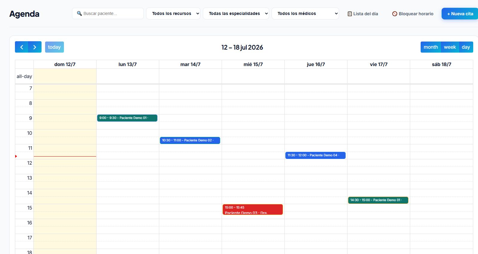 Sistema web para centros médicos con agenda semanal, filtros y pacientes de demostración
