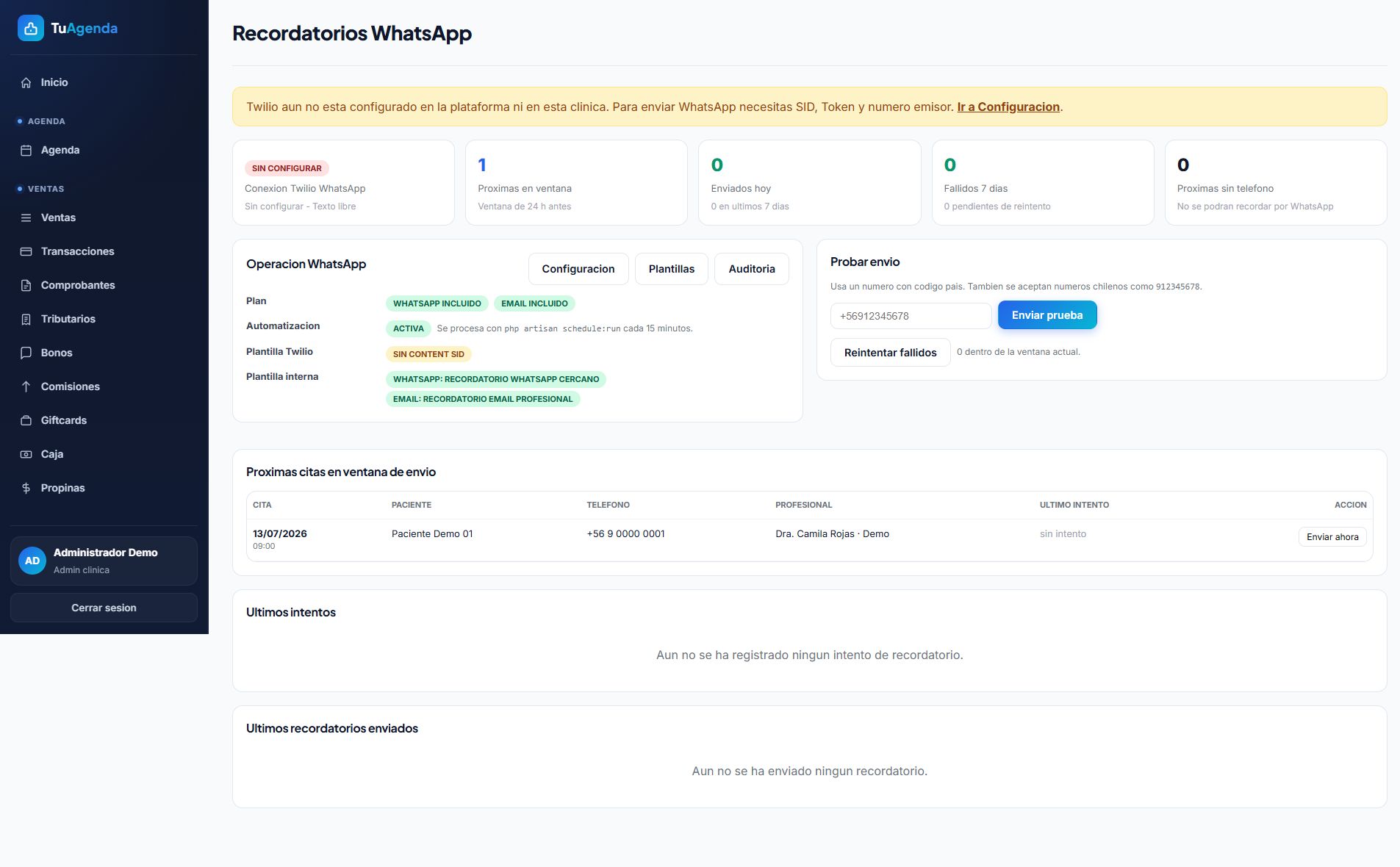 Panel de recordatorios WhatsApp de TuAgendaMédica con estado de Twilio, próximos envíos y reintentos