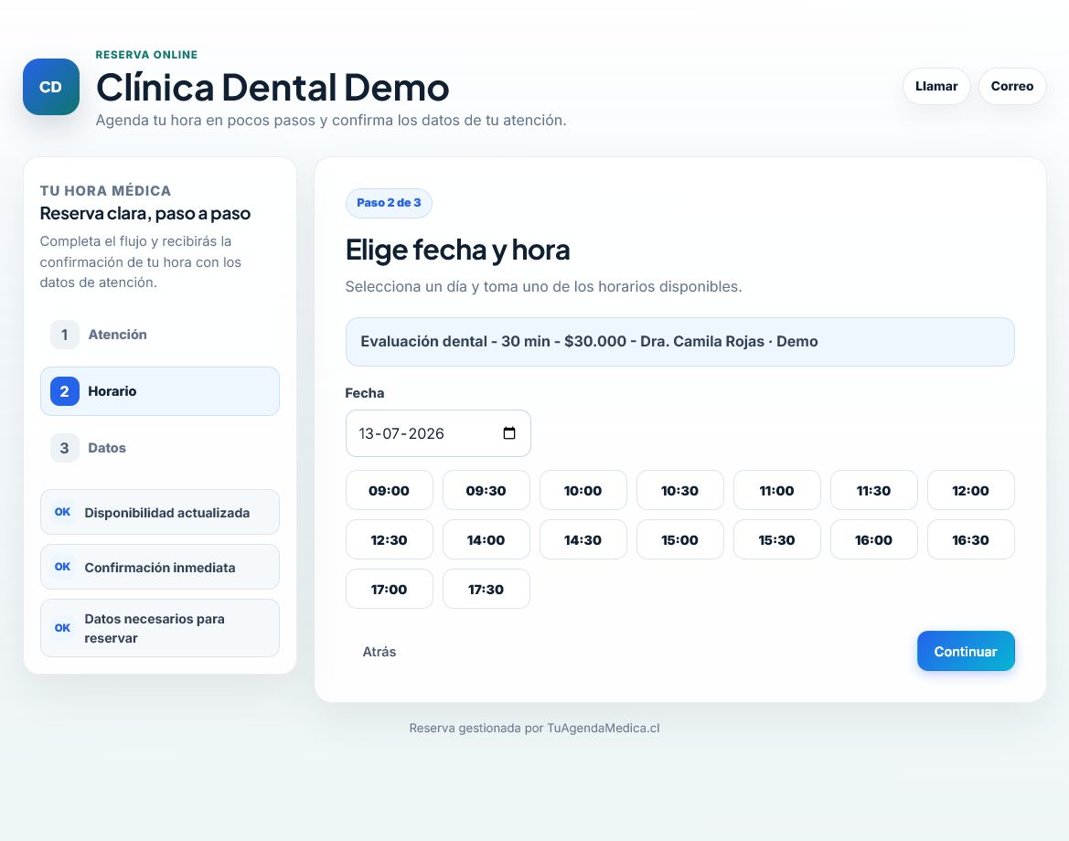 Reserva online dental con evaluación, profesional y horarios disponibles en TuAgendaMédica